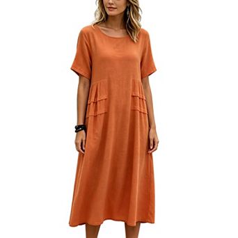 Women's Casual Midi Dress, Short Sleeve Crew Neck Flowy A-Line Dress for Summer