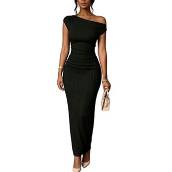 Women's Asymmetrical Off Shoulder Bodycon Maxi Dress, Ruched Waist Form-Fitting Dress
