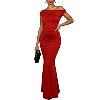 Women's Asymmetrical Off Shoulder Bodycon Maxi Dress, Ruched Waist Form-Fitting Dress