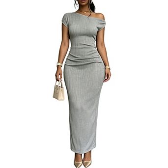 Women's Asymmetrical Off Shoulder Bodycon Maxi Dress, Ruched Waist Form-Fitting Dress