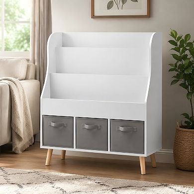 Lufeiya Kids Bookshelf with 3 Fabric Bins, Front-Facing Bookcase Display Organizer for Toddlers