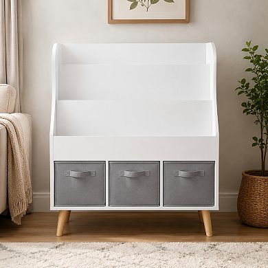 Lufeiya Kids Bookshelf with 3 Fabric Bins, Front-Facing Bookcase Display Organizer for Toddlers