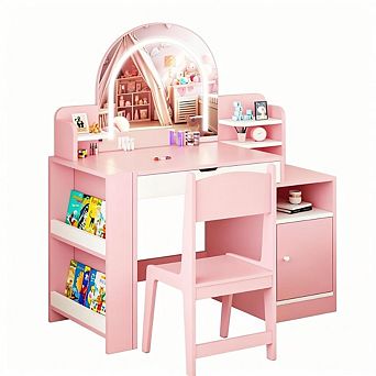 3 in 1 Kids Vanity Table Chair Set with 3 Color LED Mirror Chalkboard, Bookshelf, Jewelry Storage