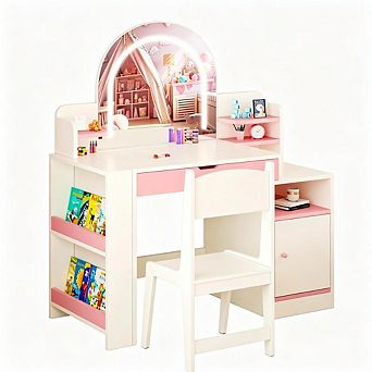 3 in 1 Kids Vanity Table Chair Set with 3 Color LED Mirror Chalkboard, Bookshelf, Jewelry Storage