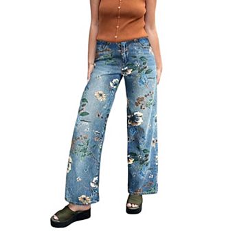 Women's Floral Print High Waisted Wide Leg Jeans, Vintage Straight Leg Denim Pants