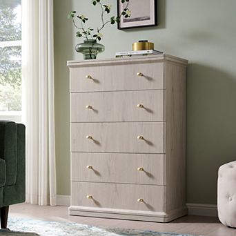 Modern 5 Drawer Dresser, 42" Tall Wood Chest of Drawers with Metal Handles for Bedroom Living Room