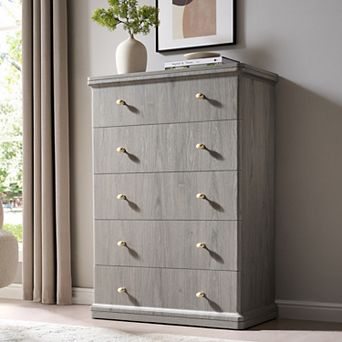 Modern 5 Drawer Dresser, 42" Tall Wood Chest of Drawers with Metal Handles for Bedroom Living Room