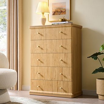 Modern 5 Drawer Dresser, 42" Tall Wood Chest of Drawers with Metal Handles for Bedroom Living Room