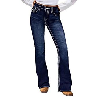 Women's High Waisted Contrast Stitch Flare Jeans, Vintage Bootcut Denim Pants