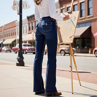 Women's High Waisted Contrast Stitch Flare Jeans, Vintage Bootcut Denim Pants