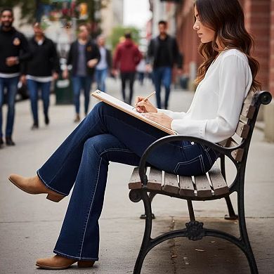 Women's High Waisted Contrast Stitch Flare Jeans, Vintage Bootcut Denim Pants