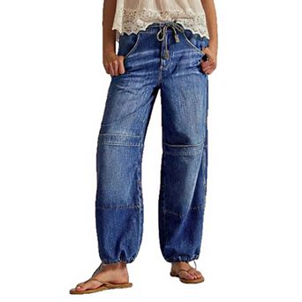 Women's Elastic Drawstring Waist Barrel Leg Jeans, Relaxed Jogger-Style Denim Pants
