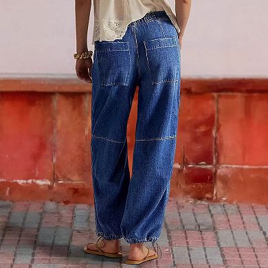 Women's Elastic Drawstring Waist Barrel Leg Jeans, Relaxed Jogger-Style Denim Pants