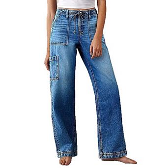 Women's Elastic Drawstring Waist Cargo Jeans, Wide Leg Multi-Pocket Streetwear Denim Pants