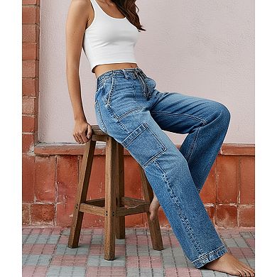 Women's Elastic Drawstring Waist Cargo Jeans, Wide Leg Multi-Pocket Streetwear Denim Pants