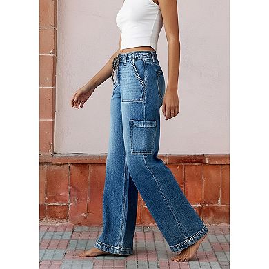 Women's Elastic Drawstring Waist Cargo Jeans, Wide Leg Multi-Pocket Streetwear Denim Pants