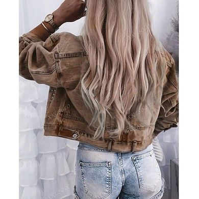 Women's Cropped Studded Denim Jacket, Vintage Wash Embellished Trucker Coat
