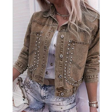 Women's Cropped Studded Denim Jacket, Vintage Wash Embellished Trucker Coat