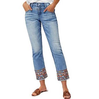 Women's Boho Embroidered Cropped Jeans, Ankle Straight Leg Denim Pants