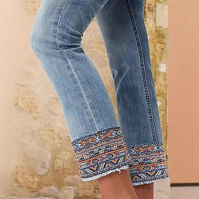 Women's Boho Embroidered Cropped Jeans, Ankle Straight Leg Denim Pants