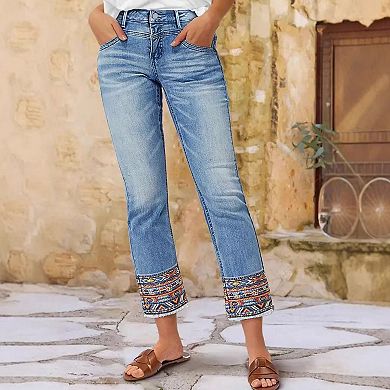 Women's Boho Embroidered Cropped Jeans, Ankle Straight Leg Denim Pants