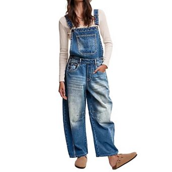 Women's Barrel Leg Denim Overalls, Vintage Wash Adjustable Strap Jumpsuit