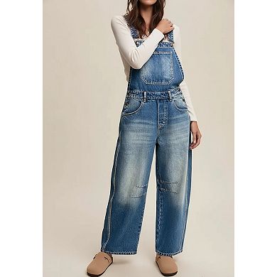 Women's Barrel Leg Denim Overalls, Vintage Wash Adjustable Strap Jumpsuit