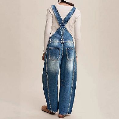 Women's Barrel Leg Denim Overalls, Vintage Wash Adjustable Strap Jumpsuit