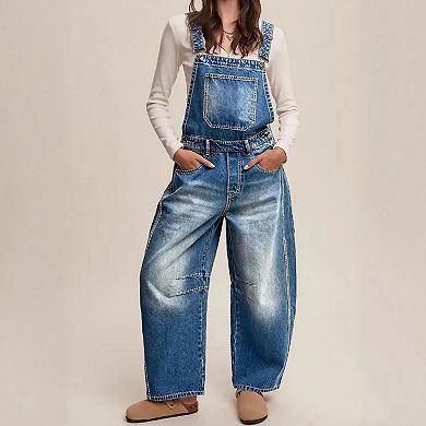 Women's Barrel Leg Denim Overalls, Vintage Wash Adjustable Strap Jumpsuit