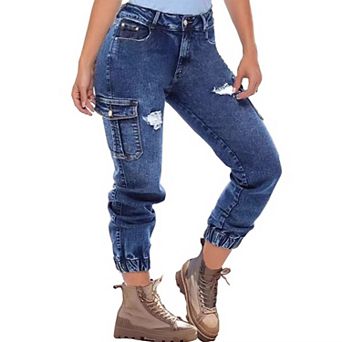 Women's Cargo Jogger Jeans, Distressed Elastic Cuff Denim Pants