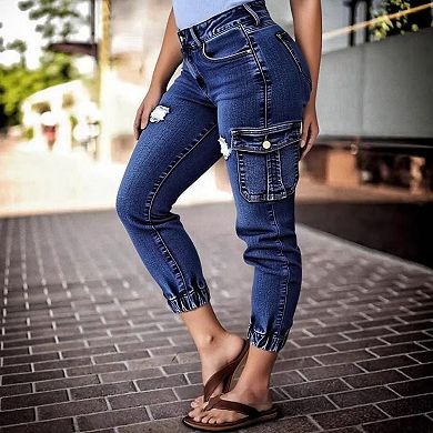 Women's Cargo Jogger Jeans, Distressed Elastic Cuff Denim Pants