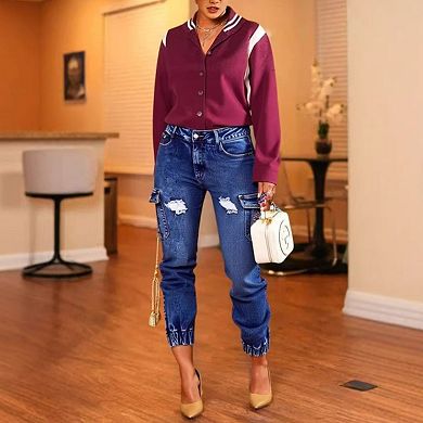 Women's Cargo Jogger Jeans, Distressed Elastic Cuff Denim Pants