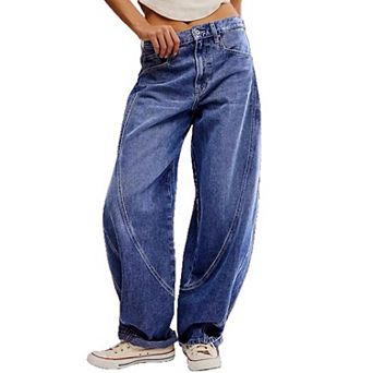 Women's Curved Seam Barrel Leg Jeans, Baggy Vintage Wash Denim Pants