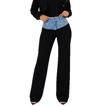 Women's Denim Waistband Contrast Wide Leg Pants, High Waisted Statement Trousersa