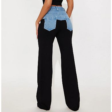 Women's Denim Waistband Contrast Wide Leg Pants, High Waisted Statement Trousersa