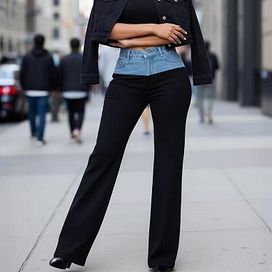 Women's Denim Waistband Contrast Wide Leg Pants, High Waisted Statement Trousersa