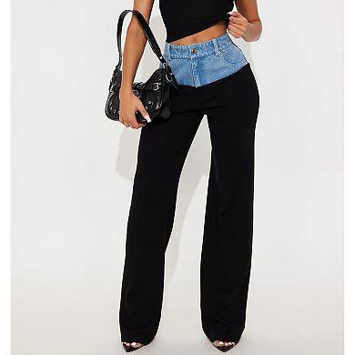 Women's Denim Waistband Contrast Wide Leg Pants, High Waisted Statement Trousersa