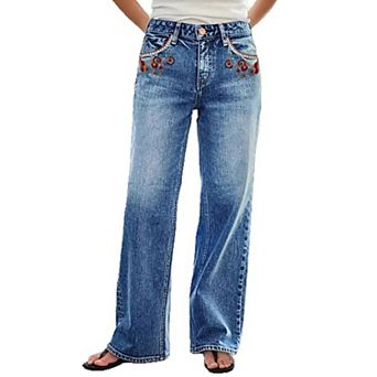 Women's Boho Embroidered Wide Leg Jeans, Pocket Detail Denim Pants