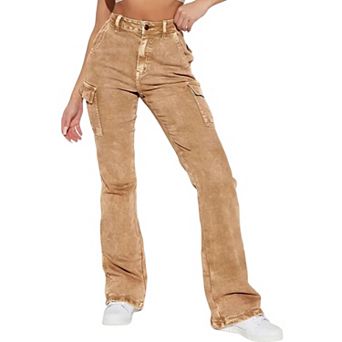 Women's High Waisted Cargo Flare Jeans, Acid Wash Utility Denim Pants