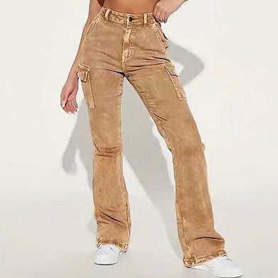 Women's High Waisted Cargo Flare Jeans, Acid Wash Utility Denim Pants