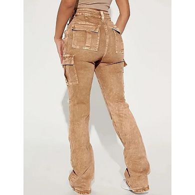 Women's High Waisted Cargo Flare Jeans, Acid Wash Utility Denim Pants