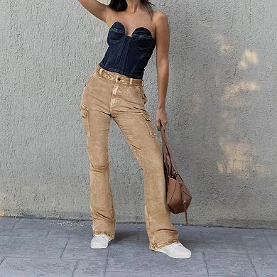Women's High Waisted Cargo Flare Jeans, Acid Wash Utility Denim Pants