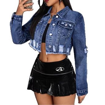 Women's Cropped Distressed Denim Jacket, Raw Hem Trucker Coat