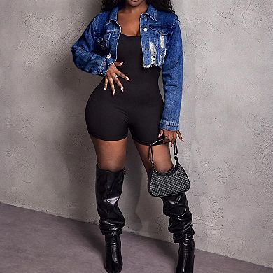 Women's Cropped Distressed Denim Jacket, Raw Hem Trucker Coat
