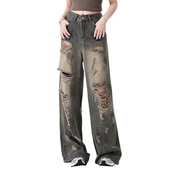 Women's High Waisted Distressed Wide Leg Jeans, Vintage Wash Denim Pants