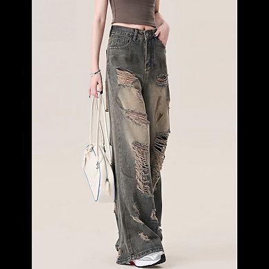 Women's High Waisted Distressed Wide Leg Jeans, Vintage Wash Denim Pants