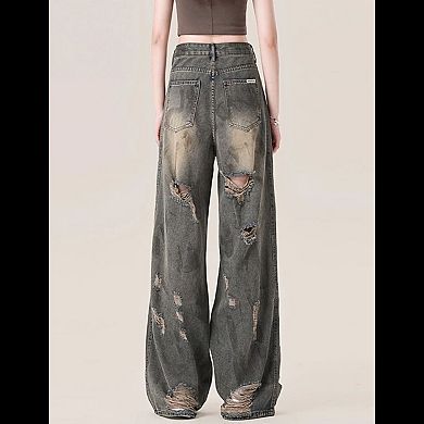 Women's High Waisted Distressed Wide Leg Jeans, Vintage Wash Denim Pants