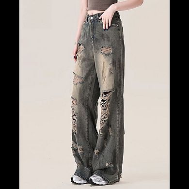 Women's High Waisted Distressed Wide Leg Jeans, Vintage Wash Denim Pants