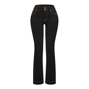 Women's High Waisted Contrast Stitch Flare Jeans, Dark Wash Bootcut Denim Pants