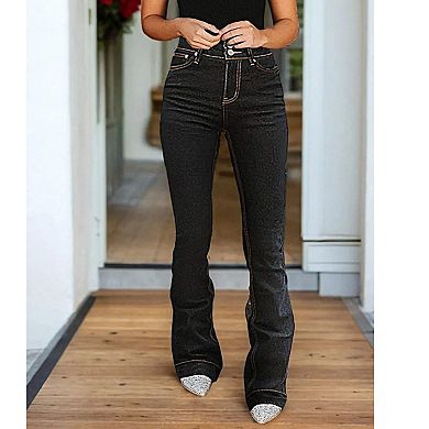 Women's High Waisted Contrast Stitch Flare Jeans, Dark Wash Bootcut Denim Pants